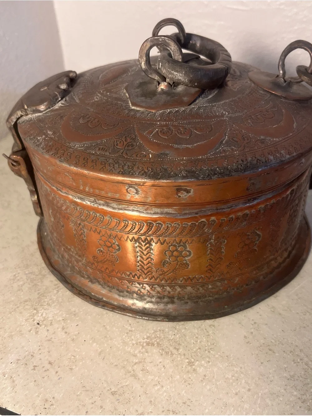 Antique Copper Hand Etched Hammered Indian Chapati Box